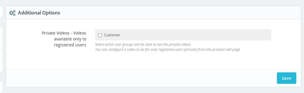 Additional Options tab showing the Private Videos customer group checkboxes