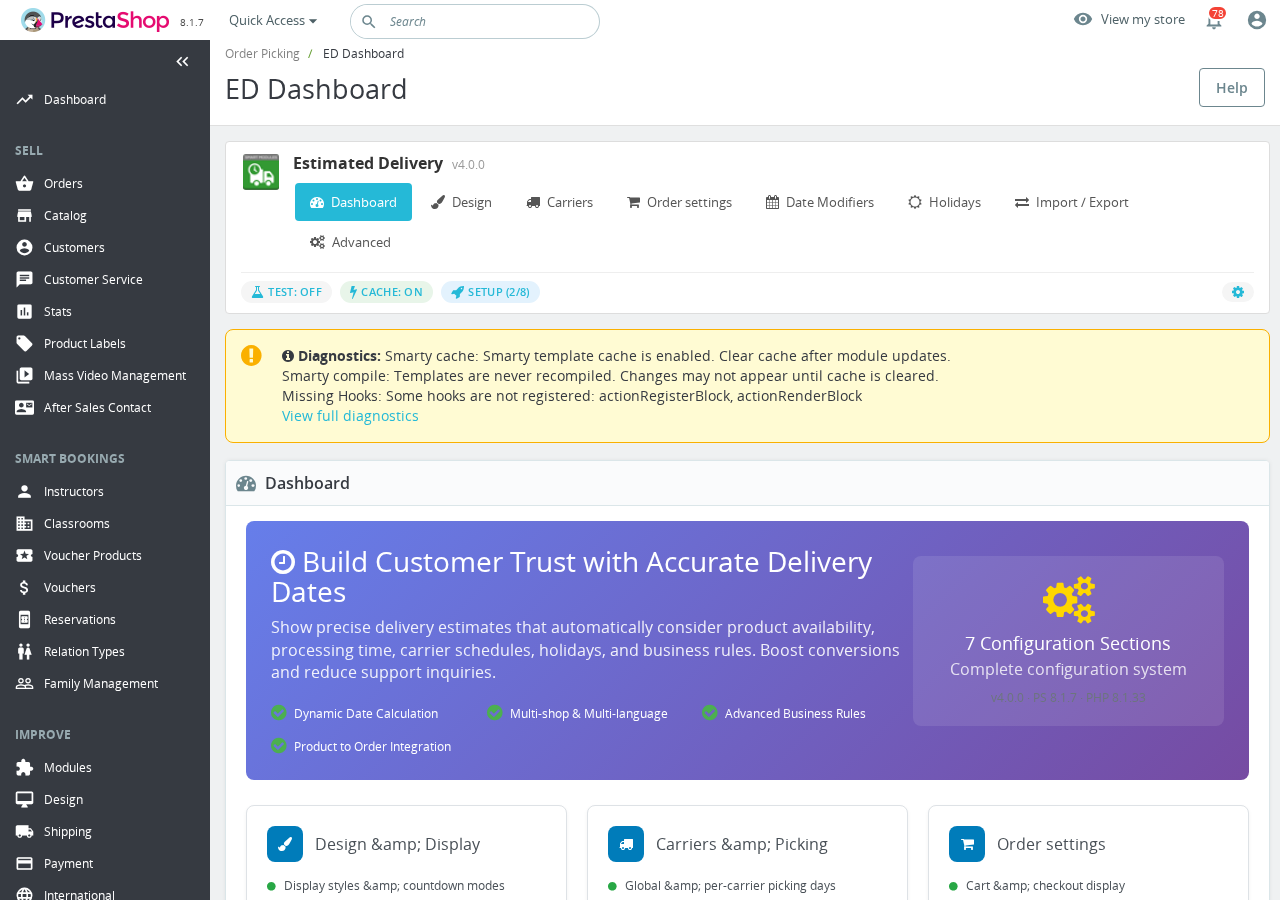 Estimated Delivery admin dashboard — module overview with seven configuration sections