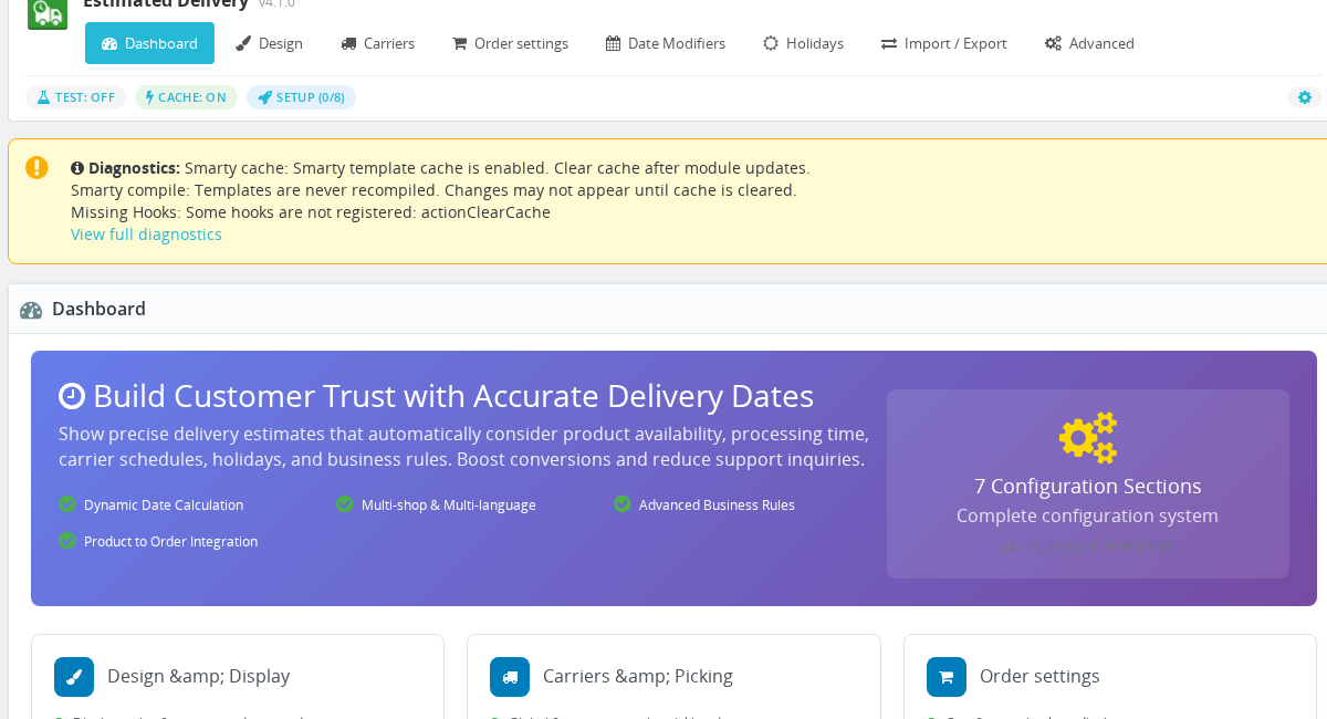 Estimated Delivery admin dashboard — module overview with seven configuration sections