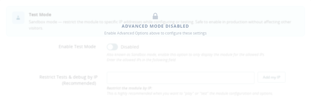 Advanced — Debug & Testing settings showing Enable Test Mode, IP restriction, and Delivery Estimation Testing toggle