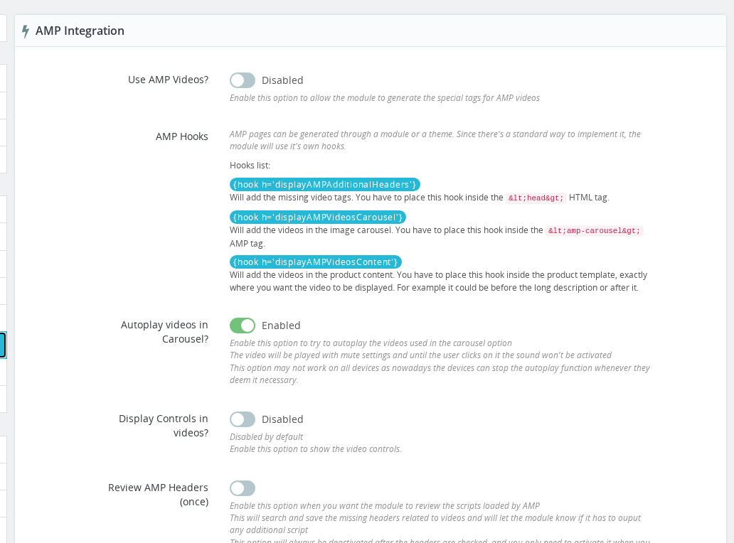 AMP Integration settings panel in Product Video Back Office configuration
