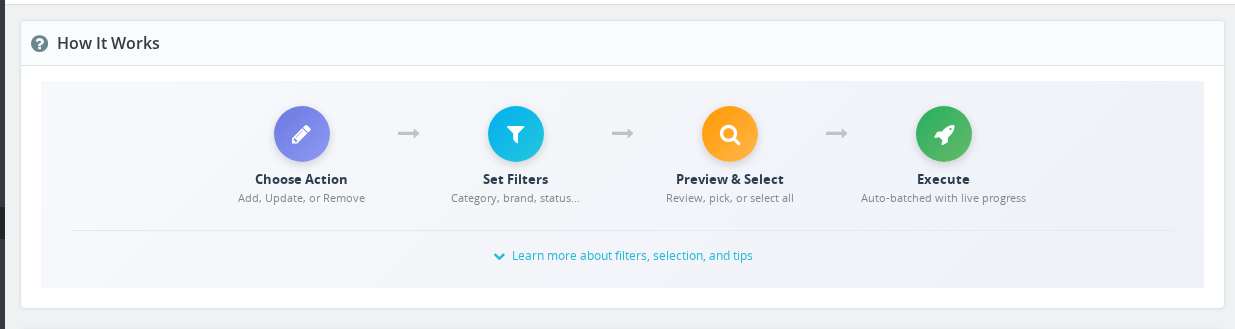Bulk Video Management form showing filter options, action selector, and video URL field