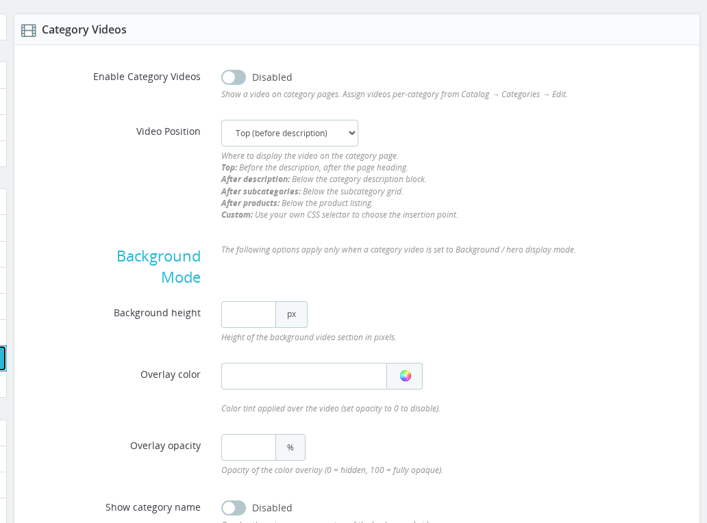 Category Videos configuration tab in the Product Video Back Office with the Enable switch and position options visible