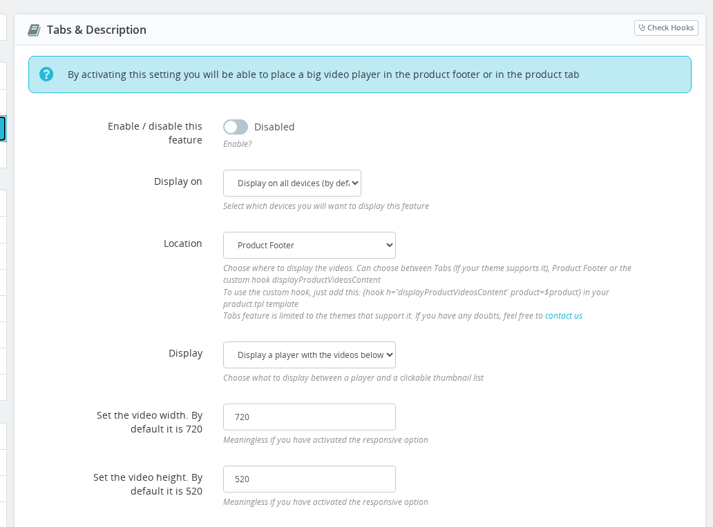 Tabs &amp; Description configuration panel in the Product Video Back Office