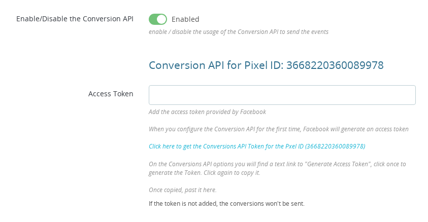 Pixel Plus module configuration — Conversions API setup section