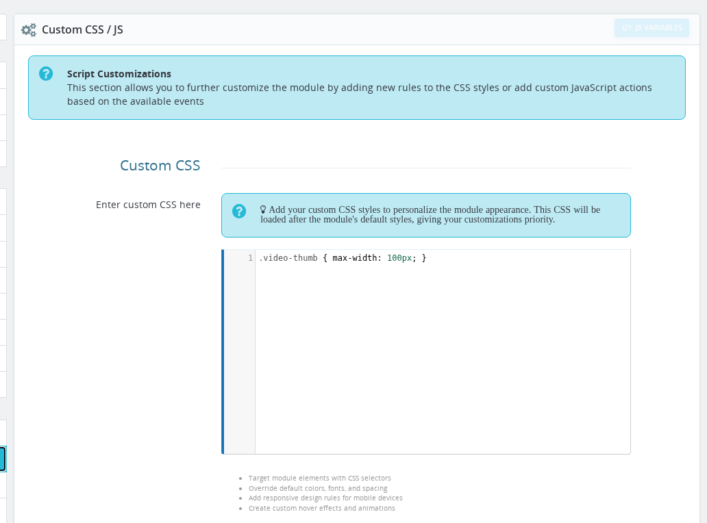 Custom CSS / JS configuration tab in the Product Video Back Office
