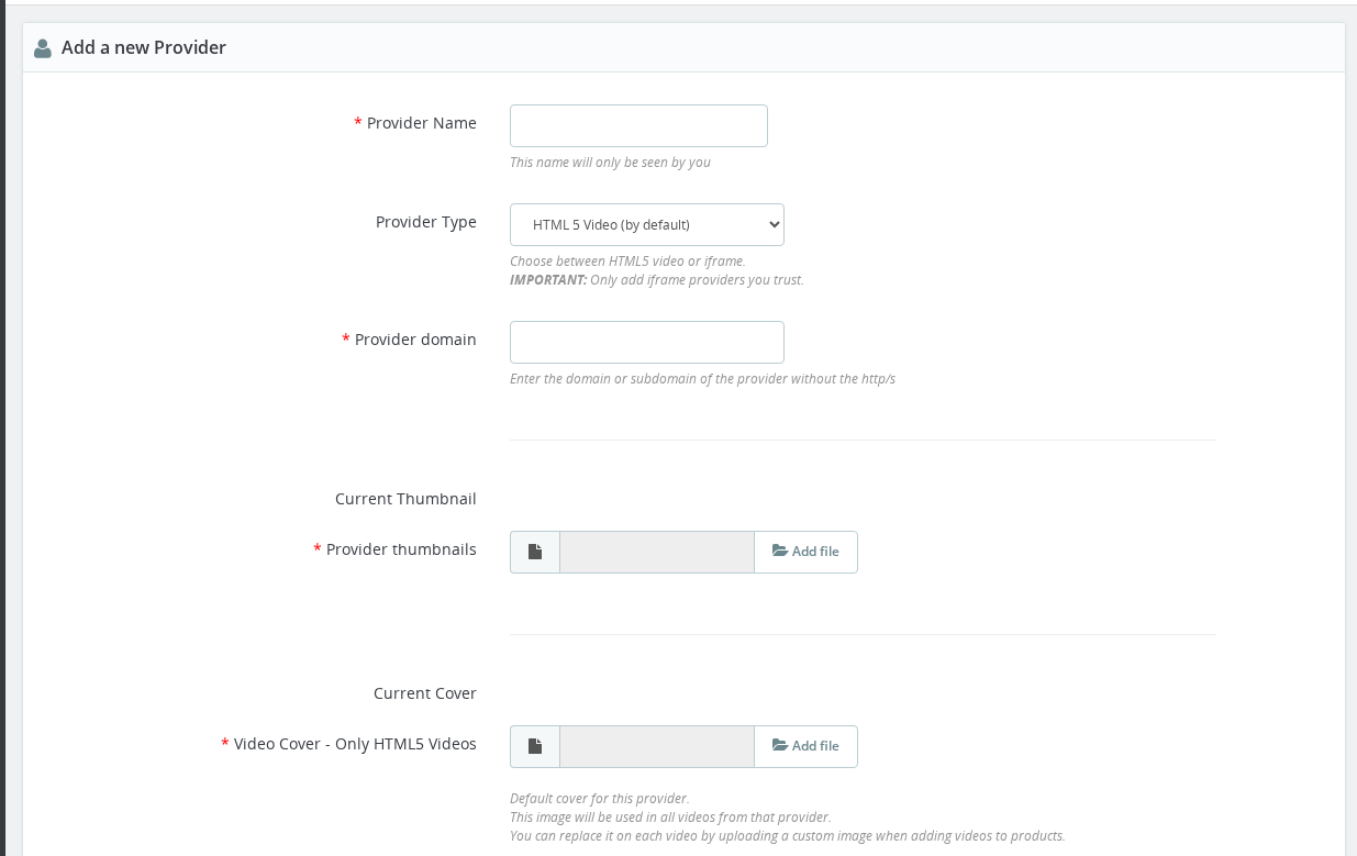 Video Providers list page in the Back Office