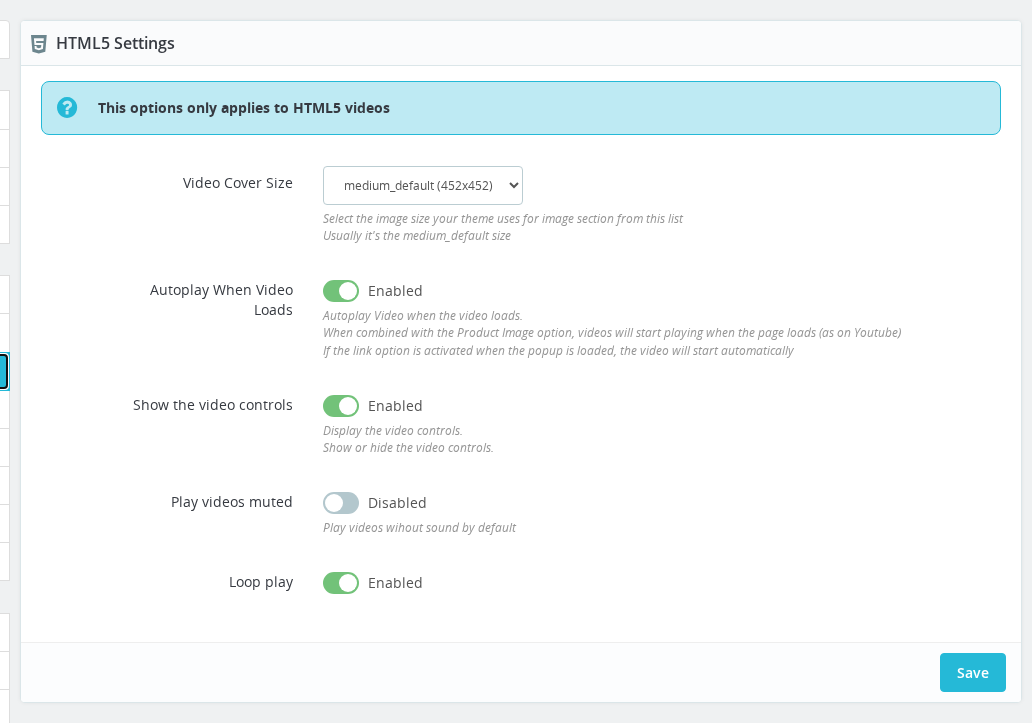 HTML5 Settings tab in the Product Video configuration panel