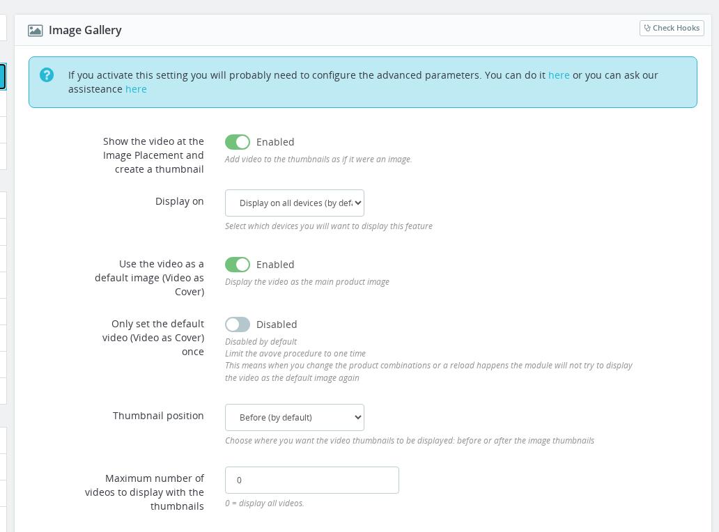 Product Video Back Office — Image Gallery tab open showing all placement settings