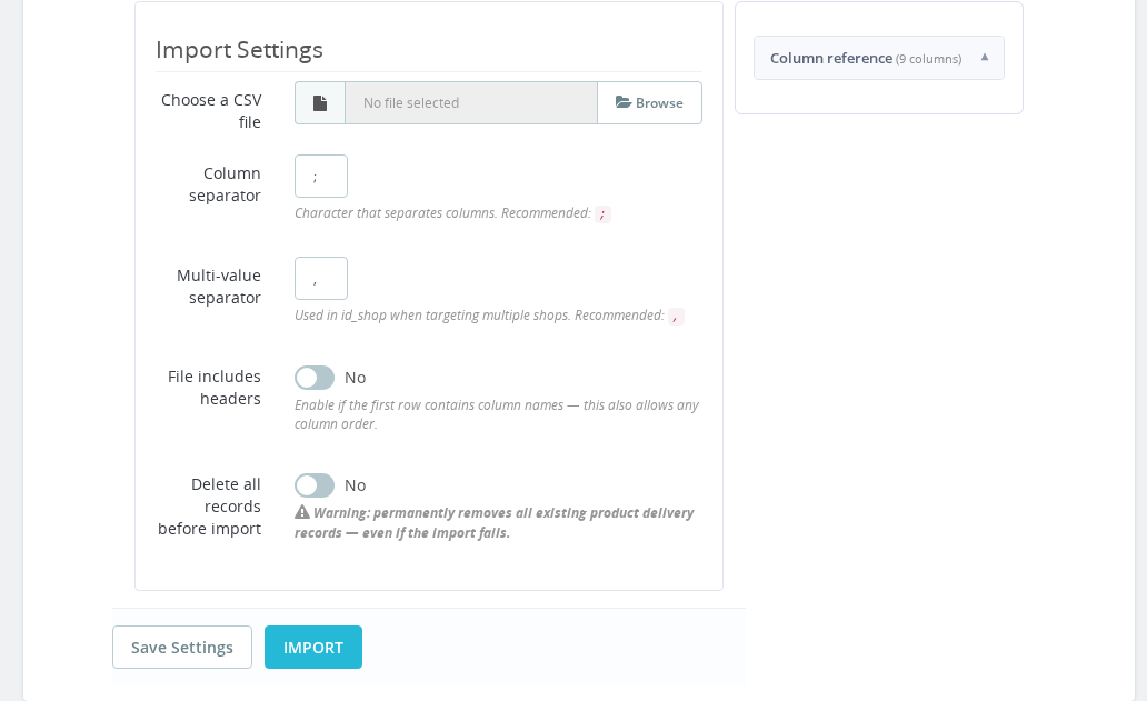 Estimated Delivery — Import, Export &amp; Backup tab with CSV and JSON tools