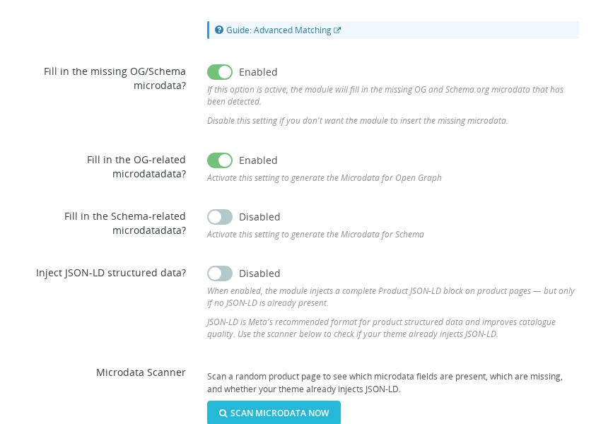 Pixel Plus — Micro Data section for configuring schema.org and OG tag microdata used to populate the product catalogue