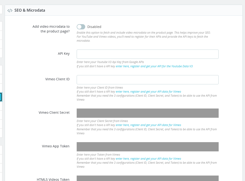 SEO &amp; Microdata configuration panel showing the enable toggle, YouTube API key field, Vimeo credentials, and debug option
