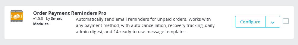 Wire Transfer Reminder in the PrestaShop Module Manager — Configure button and module description