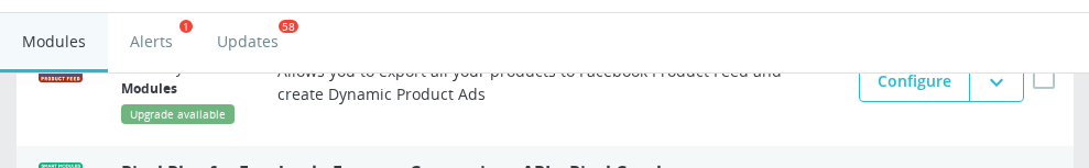Products Feed in the PrestaShop Module Manager — Configure button and module description