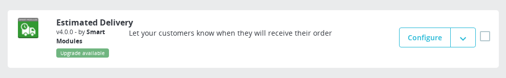Estimated Delivery in the PrestaShop Module Manager — Configure button and module description