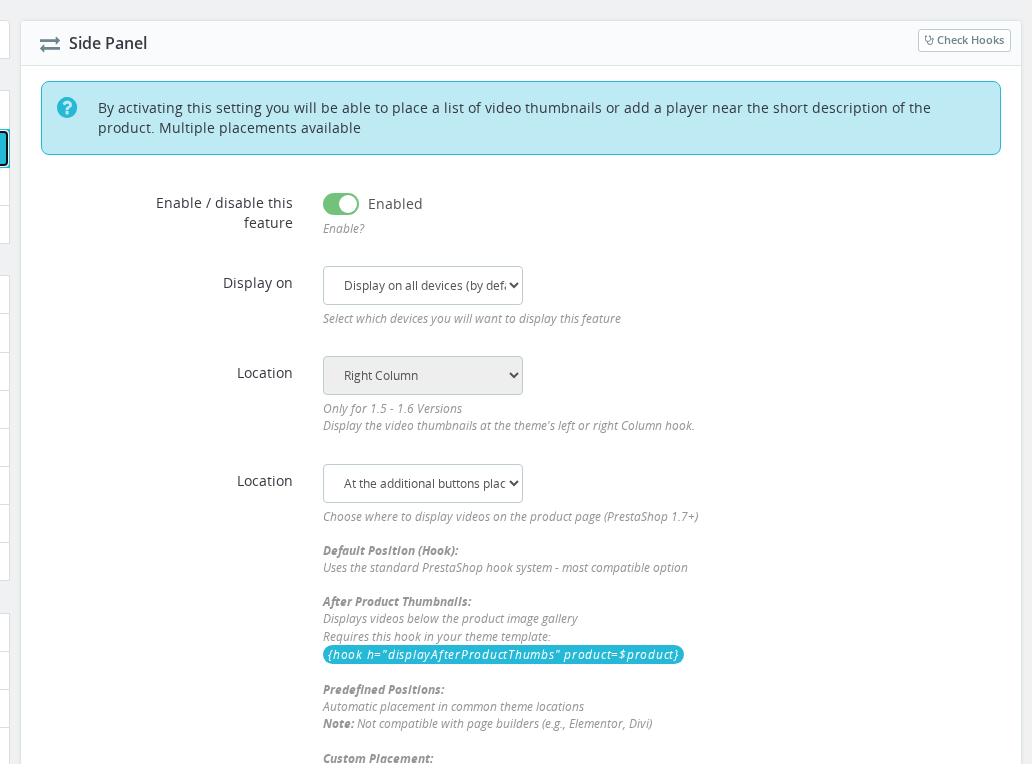 Side Panel configuration section in the Product Video Back Office, showing Enable toggle and Display on device selector