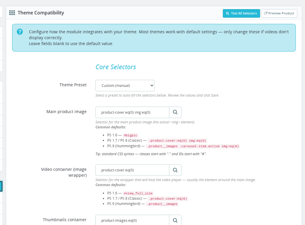 Slider Configuration section in the Theme Compatibility tab of Product Video Back Office
