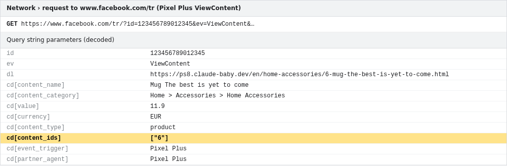 The ViewContent event of the same product, with its content_ids value matching the catalogue g