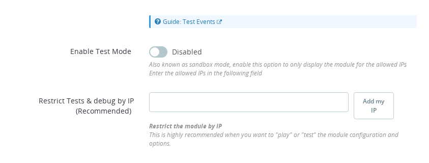 Pixel Plus — Test Mode section with CAPI logging and IP restriction settings for debugging events