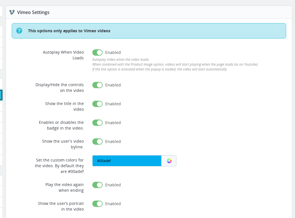 Vimeo Settings configuration tab in the Product Video Back Office