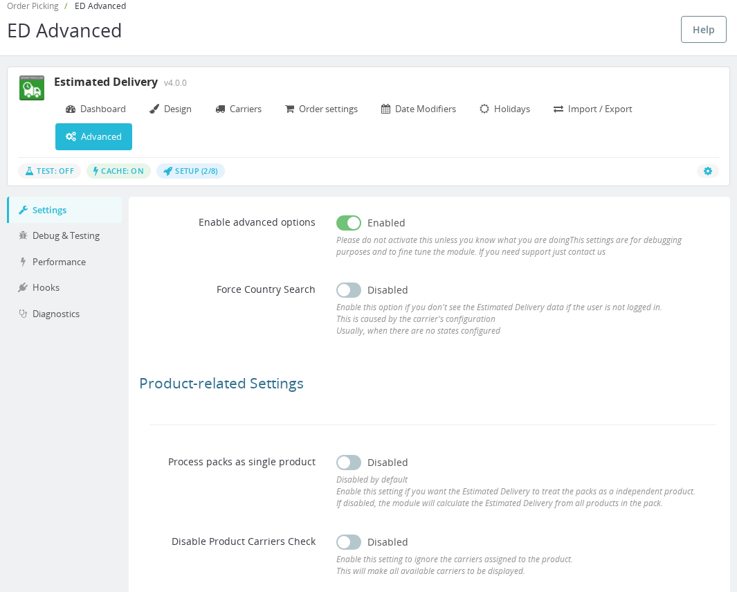 Estimated Delivery Avanzado — pestaña Ajustes con el interruptor Activar Opciones Avanzadas y Ajustes relacionados con el producto