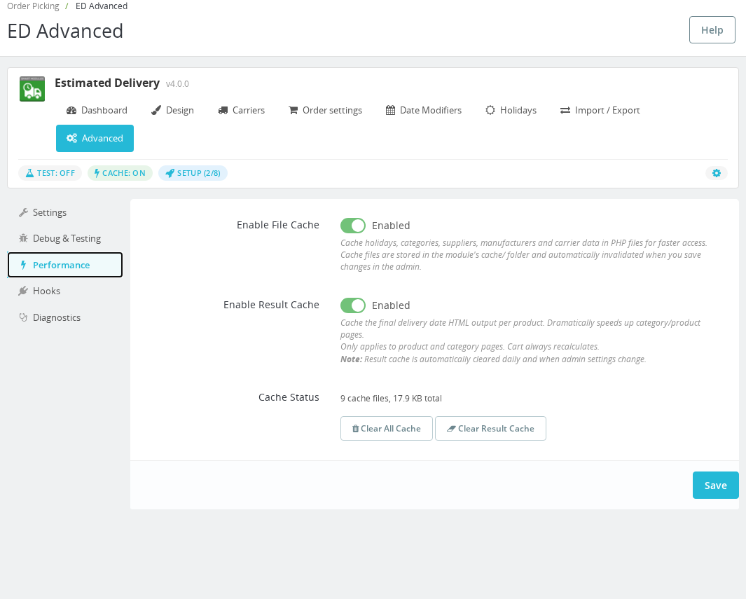 Configuración de caché en la sección Rendimiento