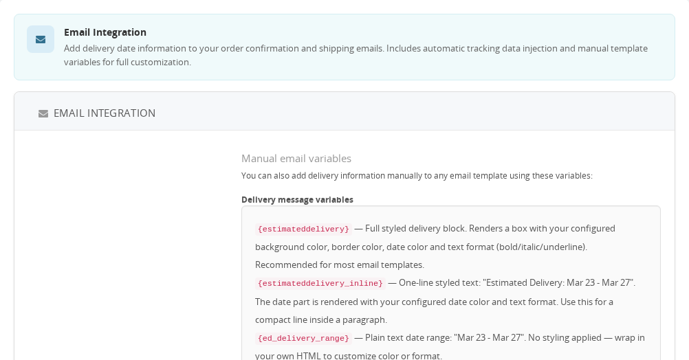 La sección Correos y Facturas mostrando el interruptor de Integración de Pedidos y el panel de configuración de Integración de Email