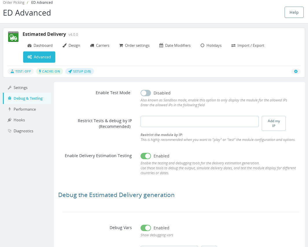 Advanced — Debug & Testing settings showing Enable Test Mode, IP restriction, and Delivery Estimation Testing toggle