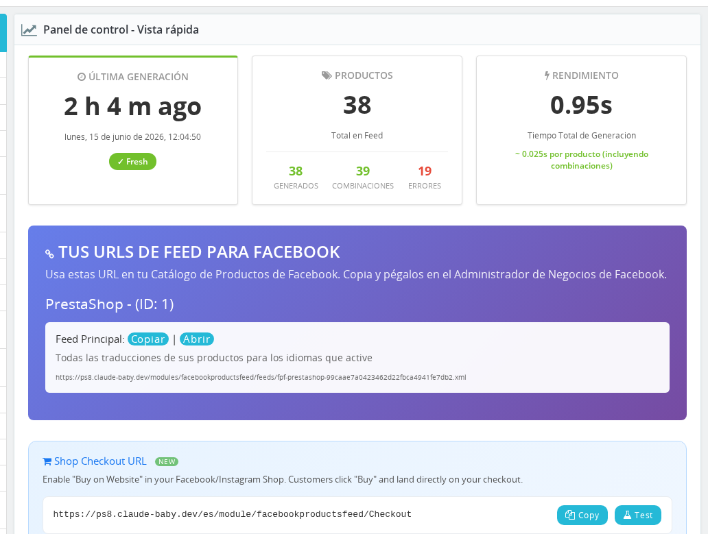 Pannello Dashboard – Vista Rapida con le tre schede di stato e gli URL del feed