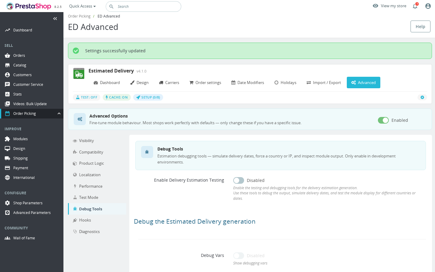Estimated Delivery Avanzate — pannello Strumenti di Debug con il toggle Abilita Test delle Stime di Consegna e i campi Debug Vars
