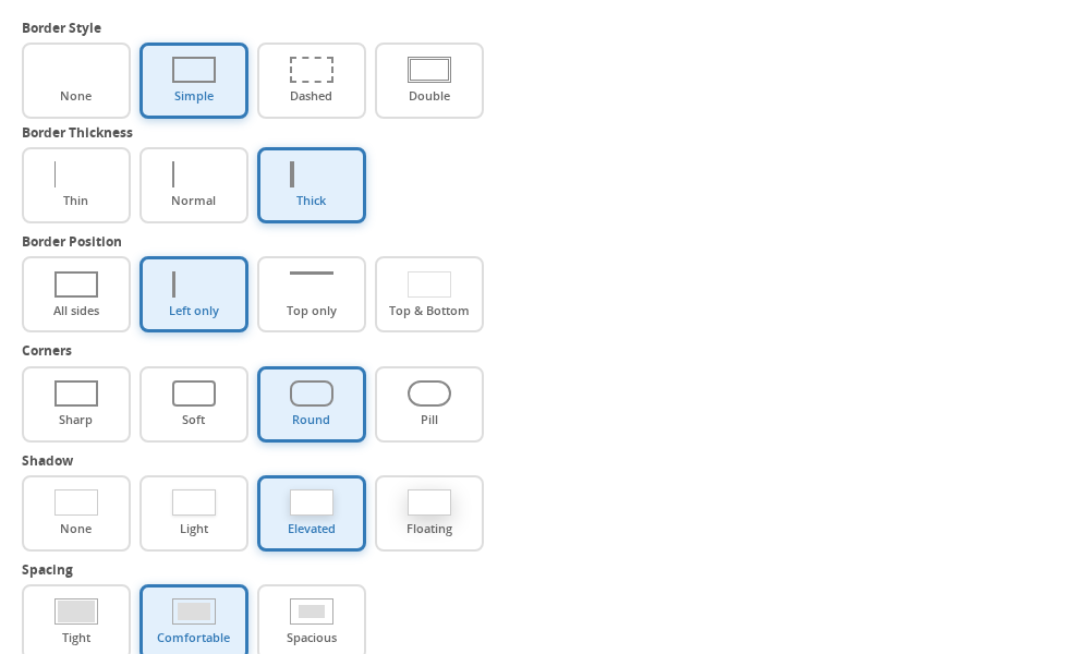 Preset di design nella sezione Aspetto