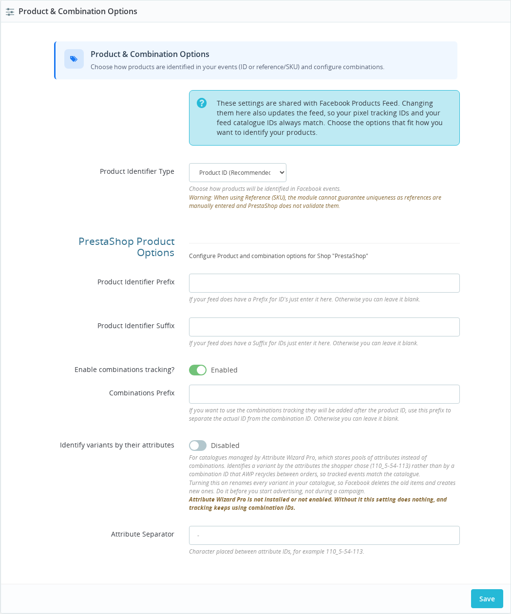 Pixel Plus Product &amp; Combination Options panel with the Product Identifier Type, prefix, suffix and combination fields