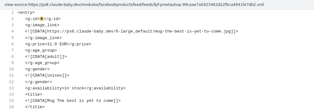 A product in the Products Feed XML file, showing its g line next to its title